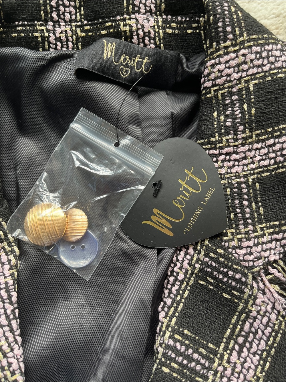 NWT Double-Breasted Black and Light Pink Plaid Fringe Blazer - Picture 3 of 7